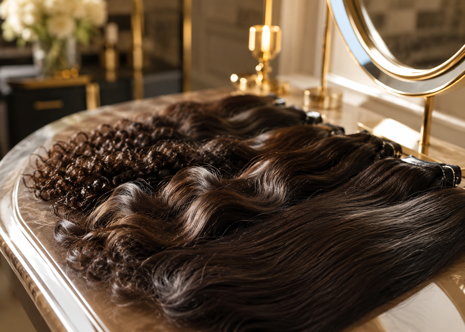 Hair bundles displayed on a luxury vanity