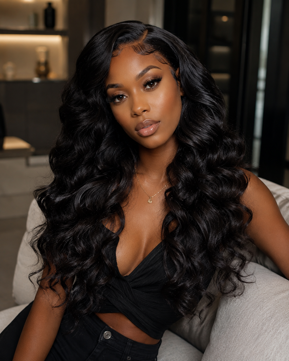 Model wearing voluminous curls seated indoors