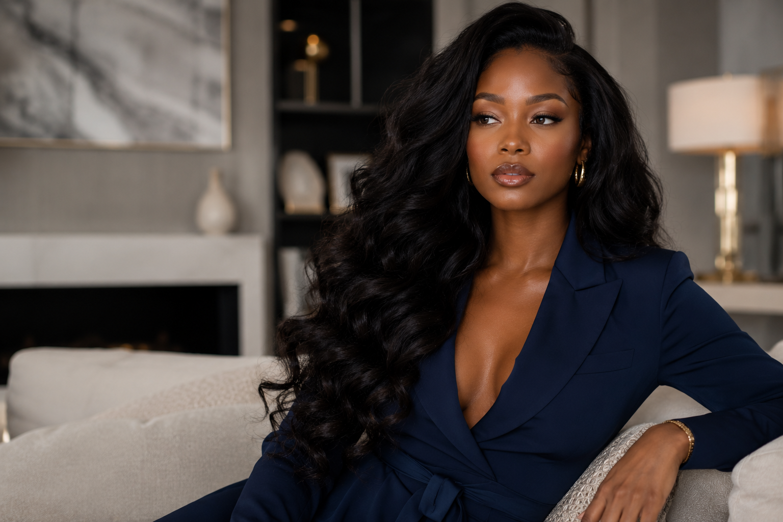Model wearing polished waves in a navy blazer